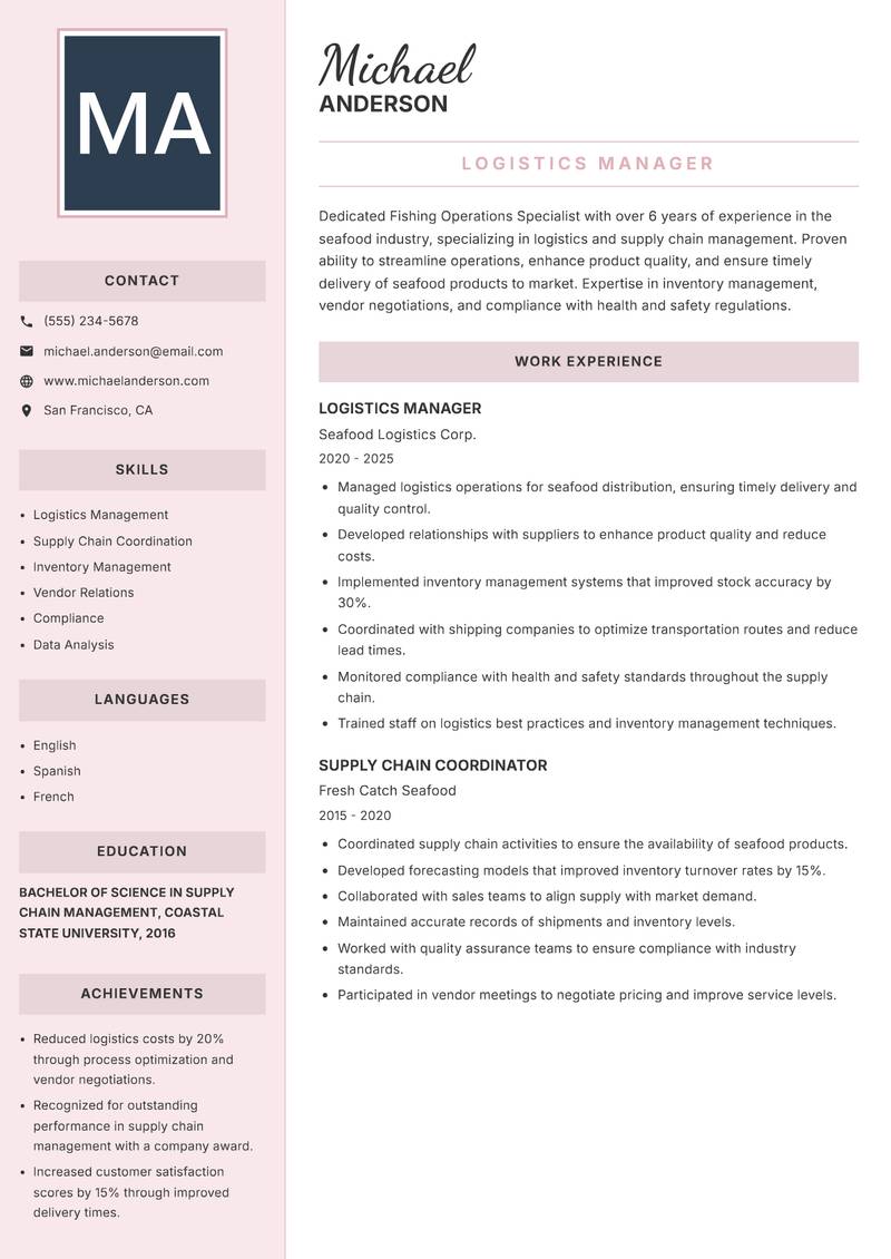 Fishing Operations Specialist Resume Preview Example