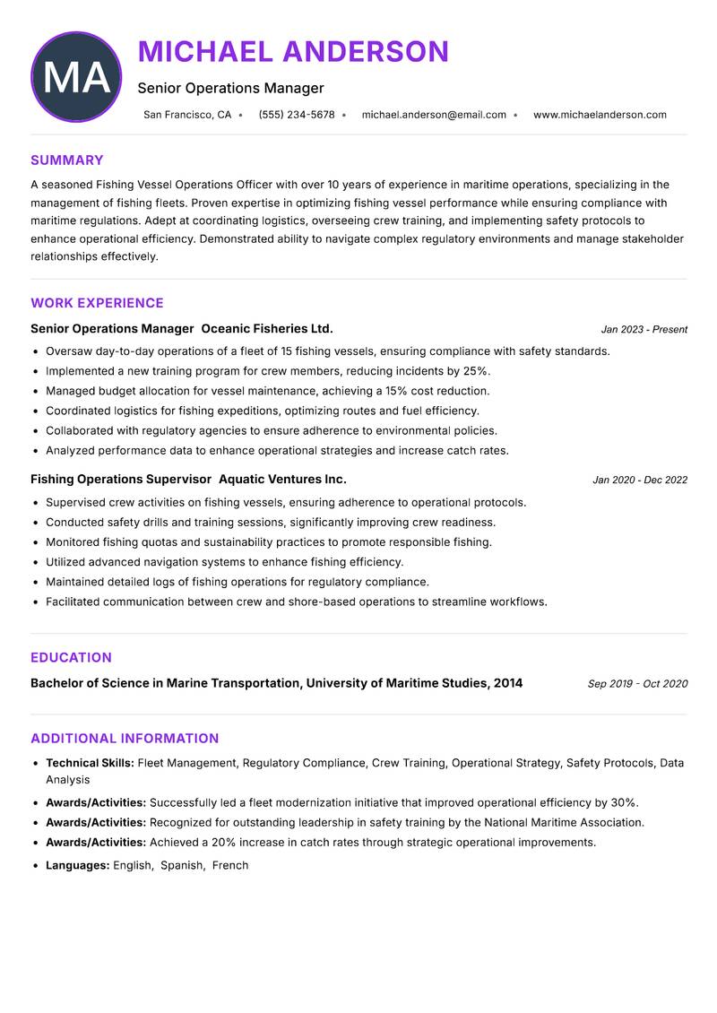 Fishing Vessel Operations Officer Resume Preview Example