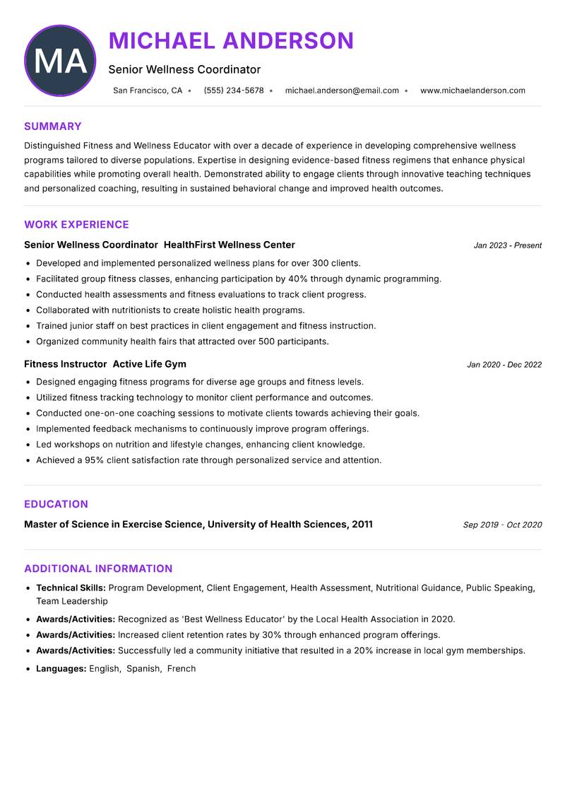 Fitness and Wellness Educator Resume Preview Example