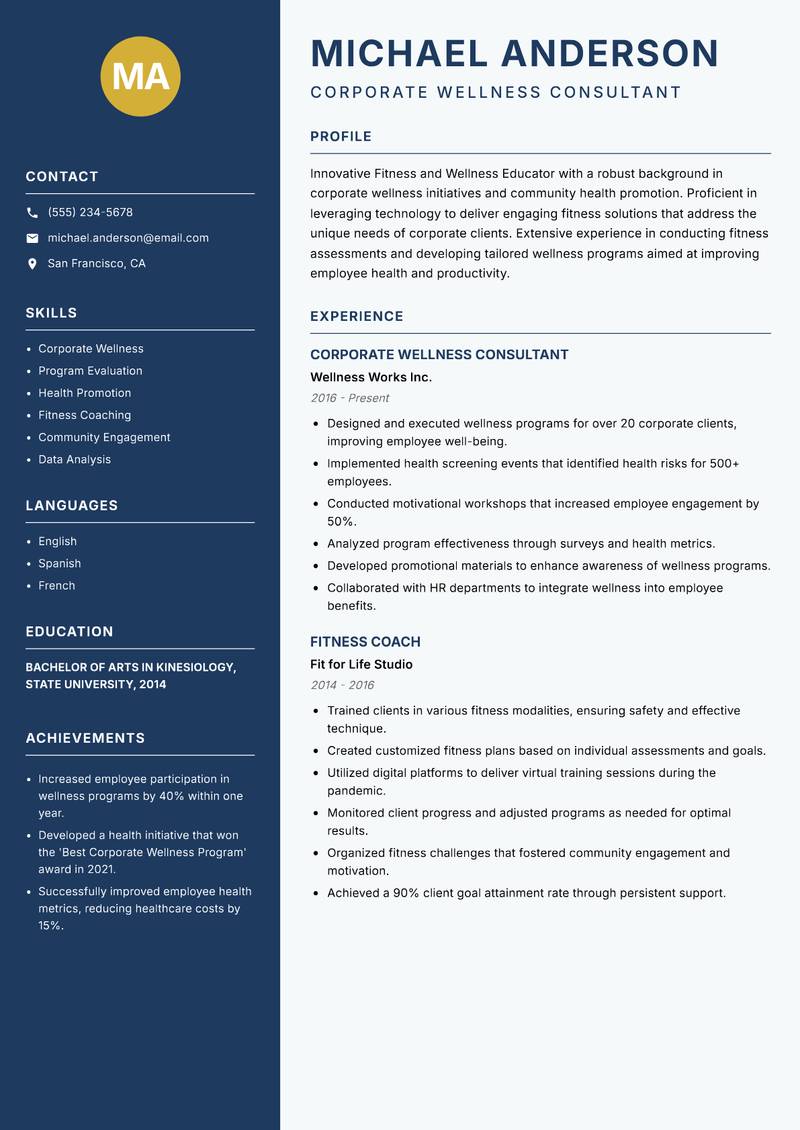 Fitness and Wellness Educator Resume Preview Example