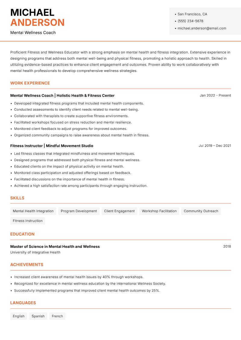 Fitness and Wellness Educator Resume Template