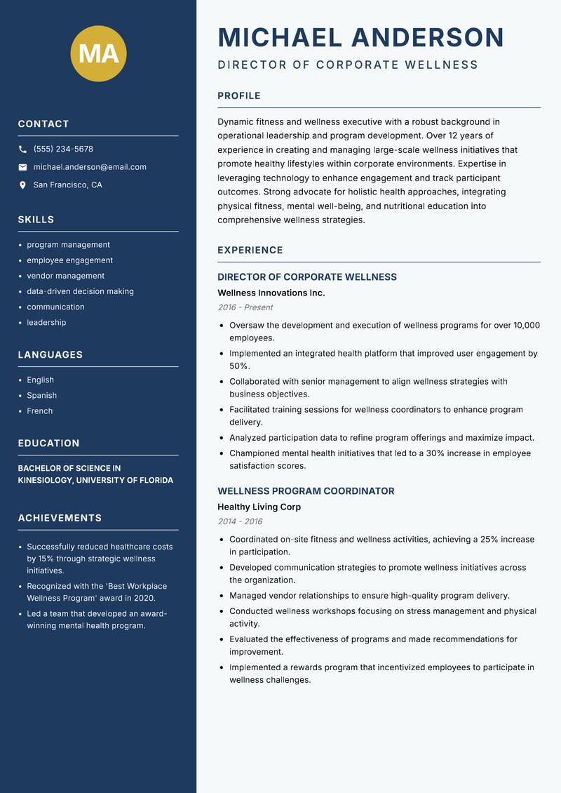 Fitness and Wellness Executive Resume Preview Example