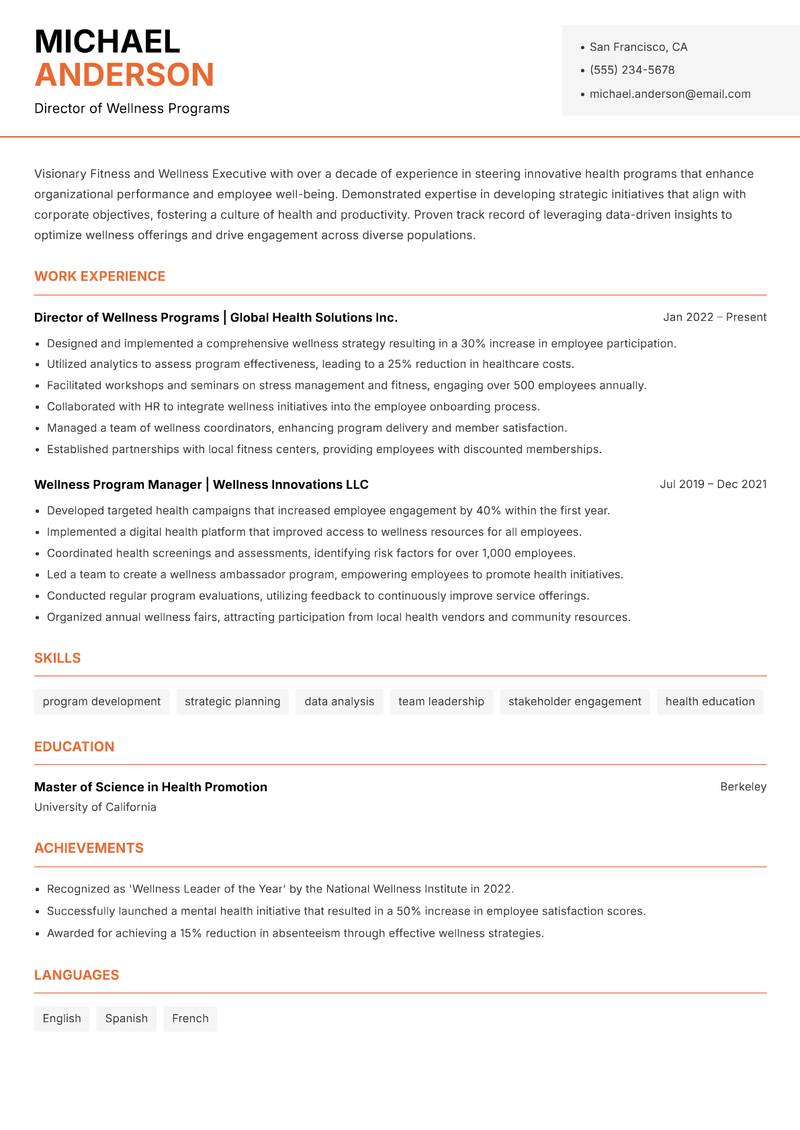 Fitness and Wellness Executive Resume Template