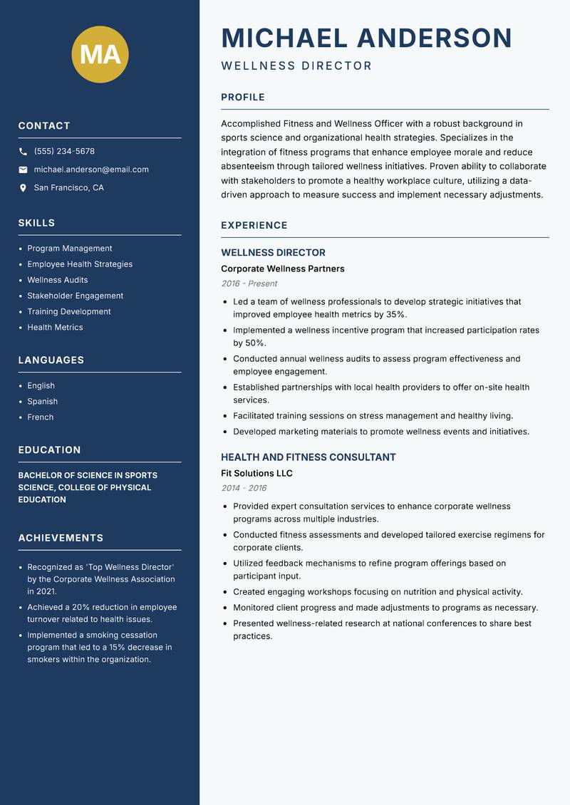Fitness and Wellness Officer Resume Preview Example
