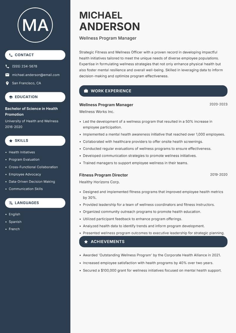 Fitness and Wellness Officer Resume Preview Example