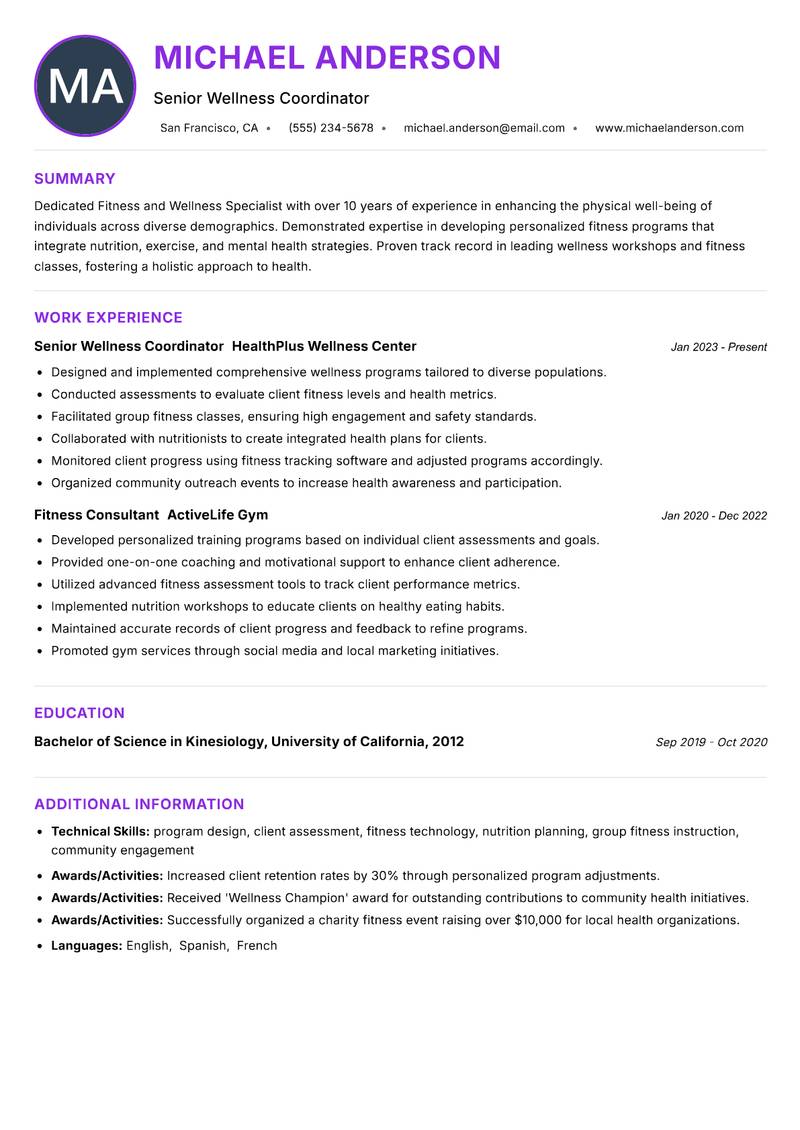 Fitness and Wellness Specialist Resume Preview Example