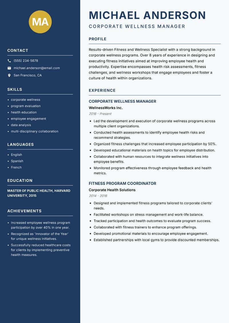 Fitness and Wellness Specialist Resume Preview Example