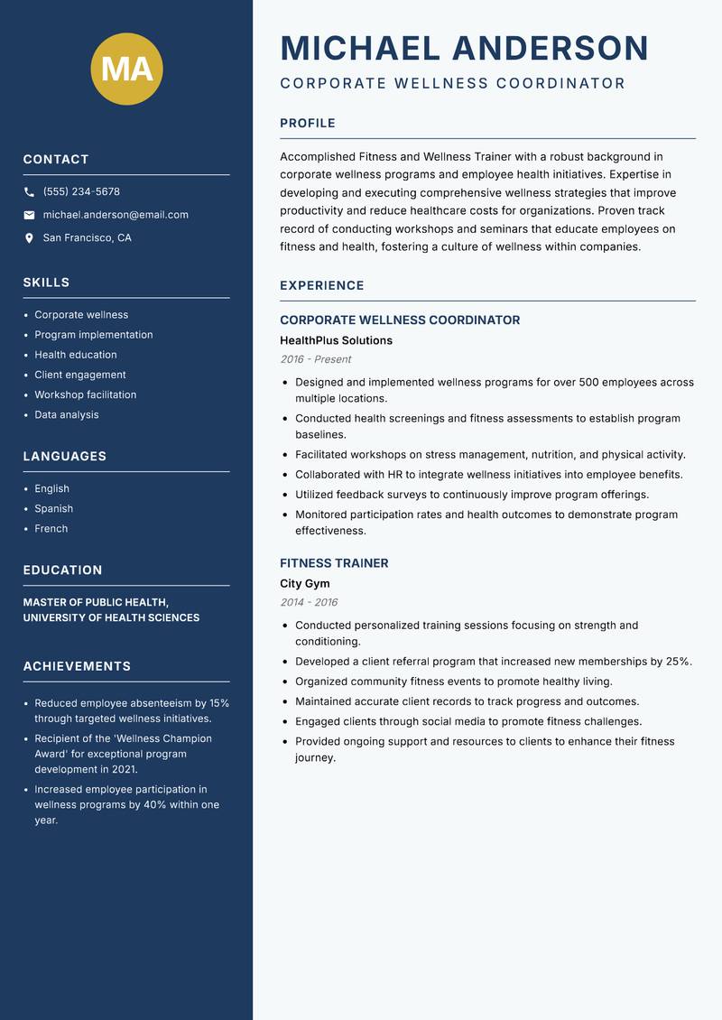 Fitness and Wellness Trainer Resume Preview Example