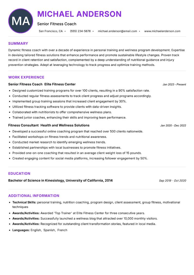 Fitness Coach Resume Preview Example