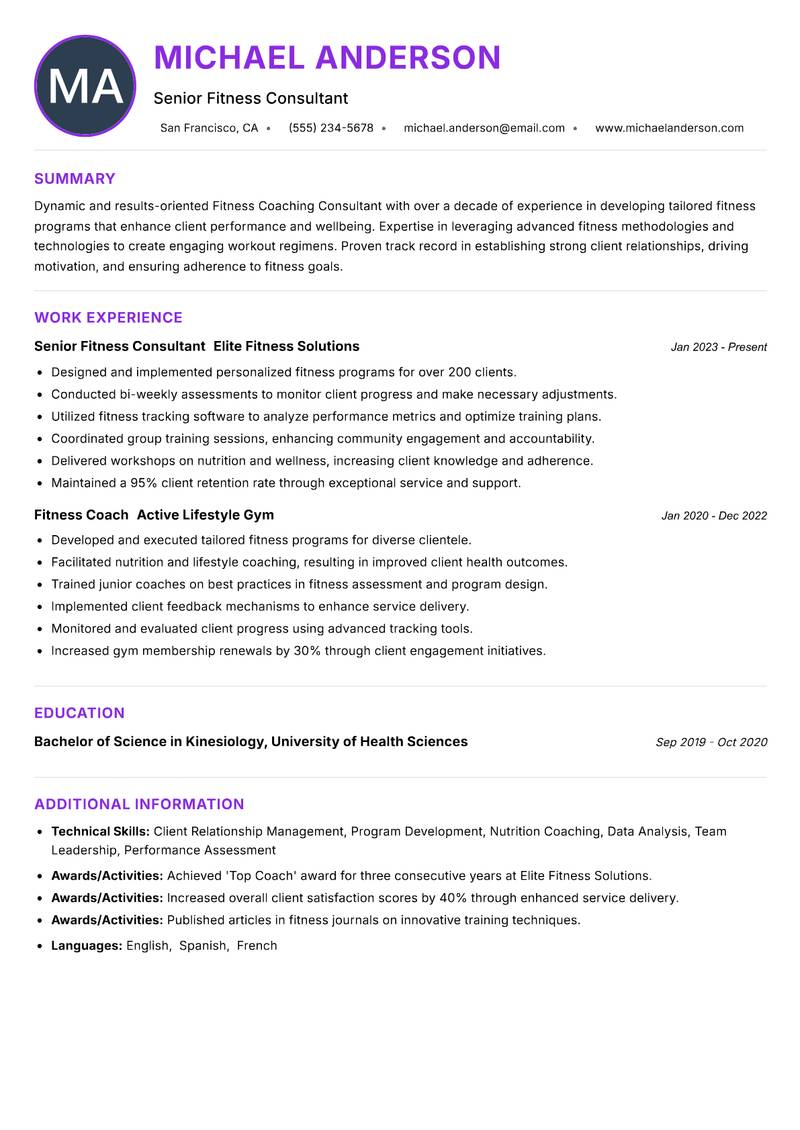 Fitness Coaching Consultant Resume Preview Example