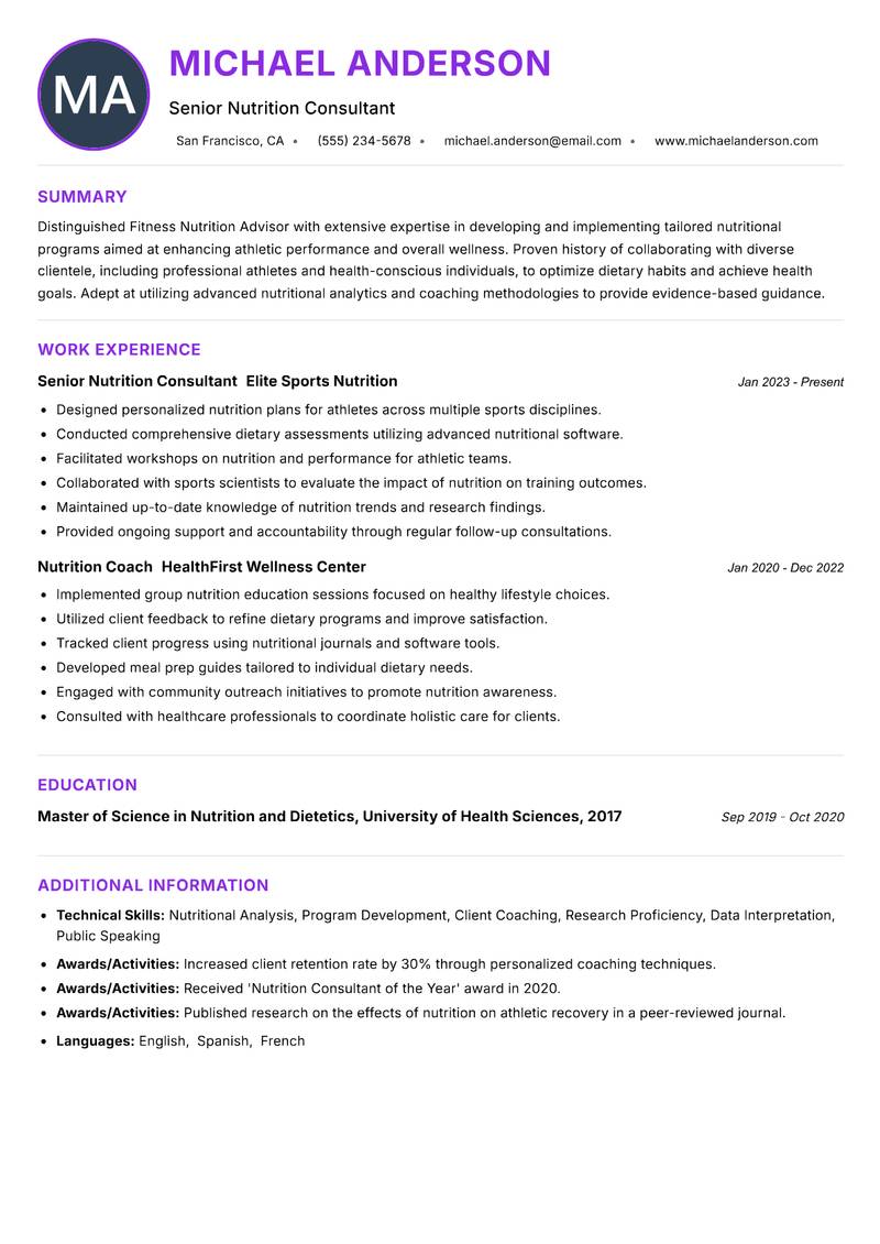 Fitness Nutrition Advisor Resume Preview Example