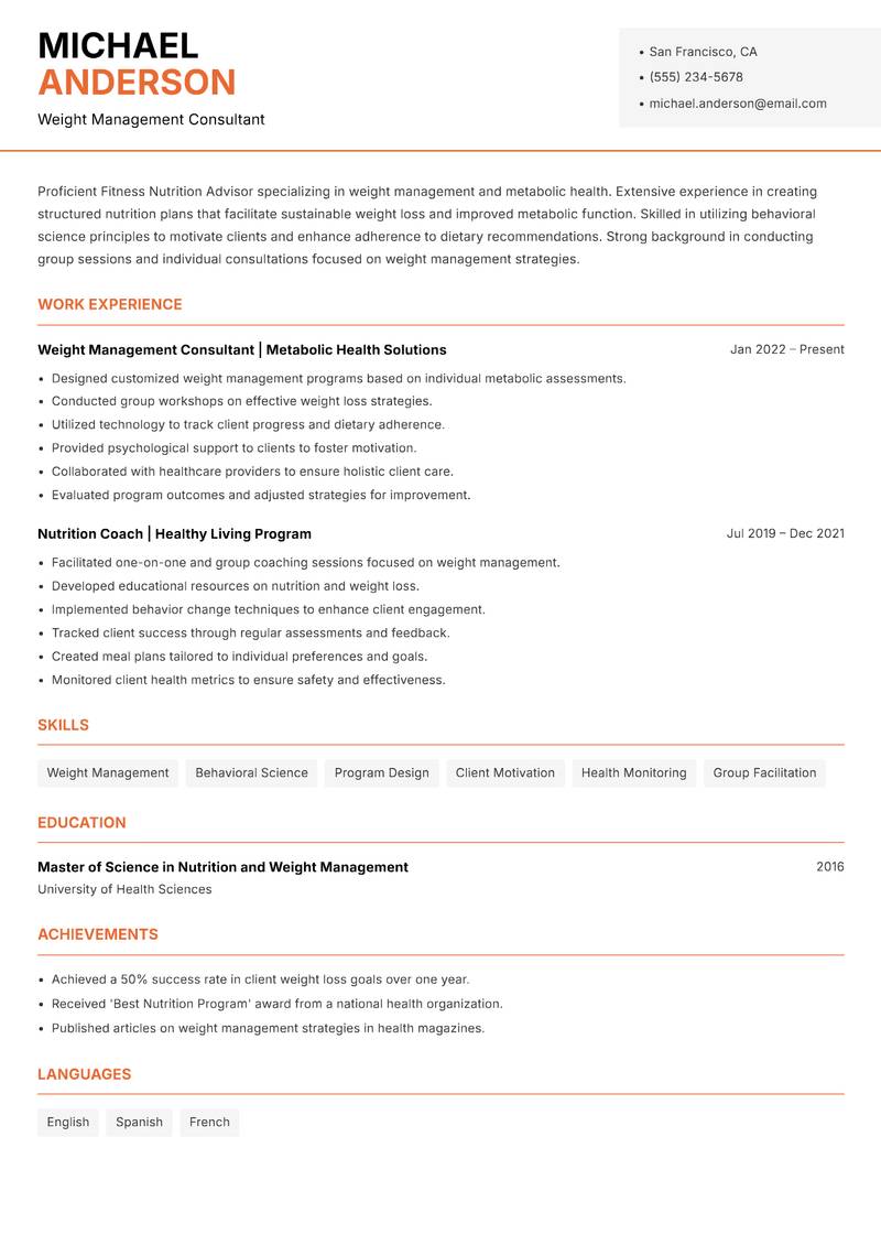 Fitness Nutrition Advisor Resume Template