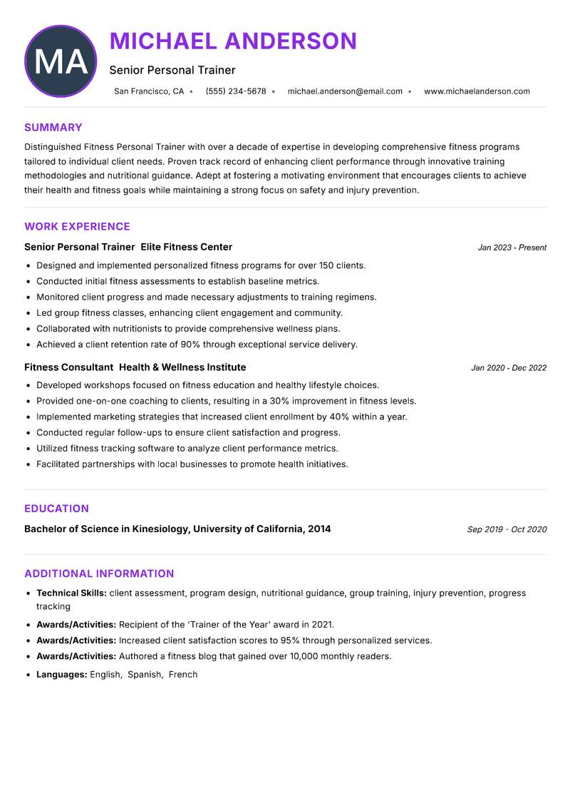 Fitness Personal Trainer Resume Preview Example