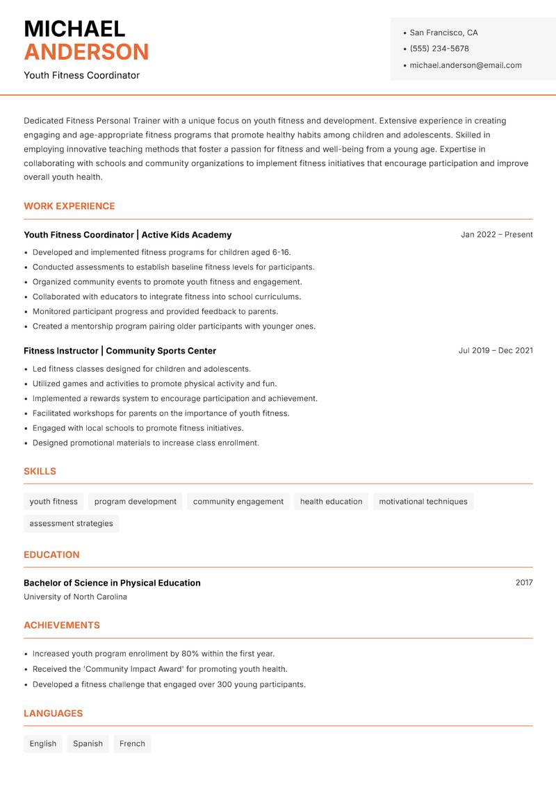 Fitness Personal Trainer Resume Template