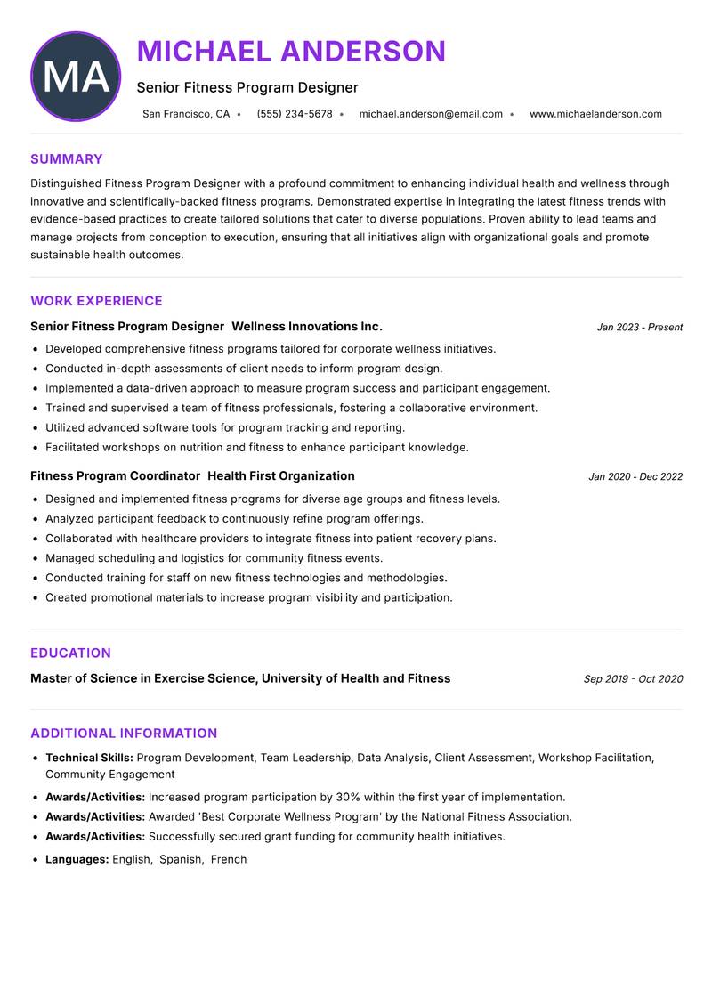 Fitness Program Designer Resume Preview Example