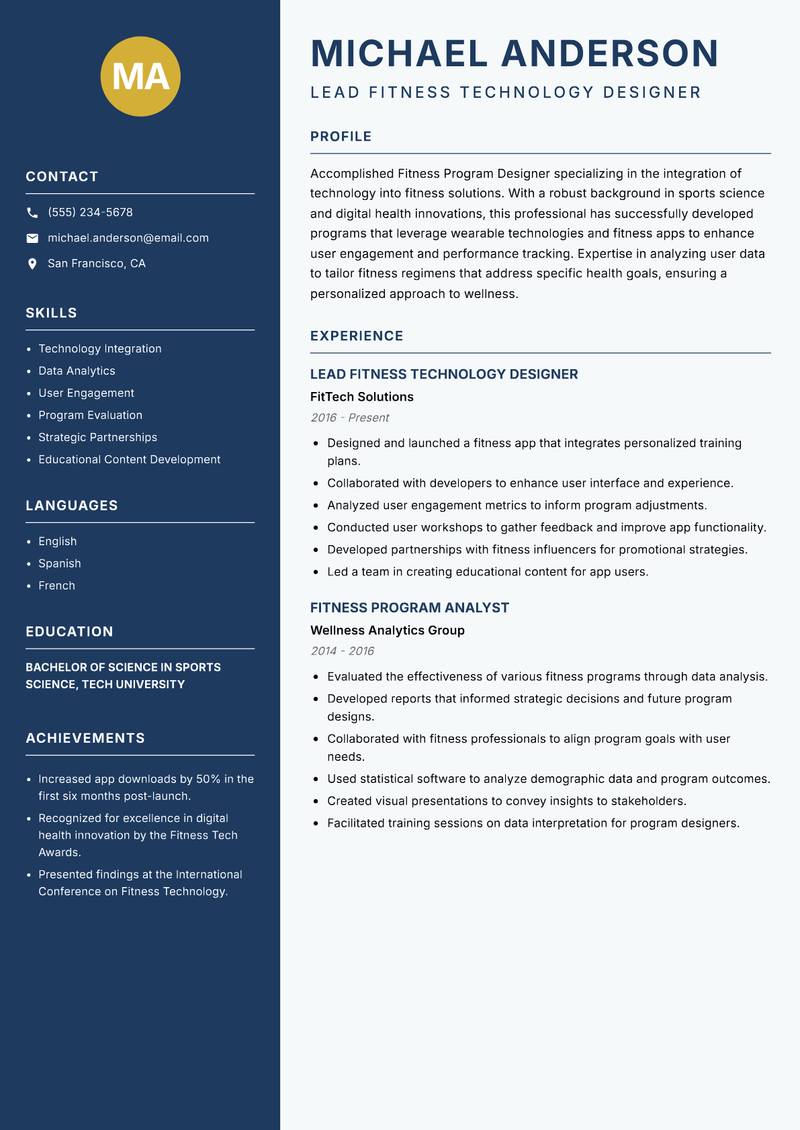 Fitness Program Designer Resume Preview Example