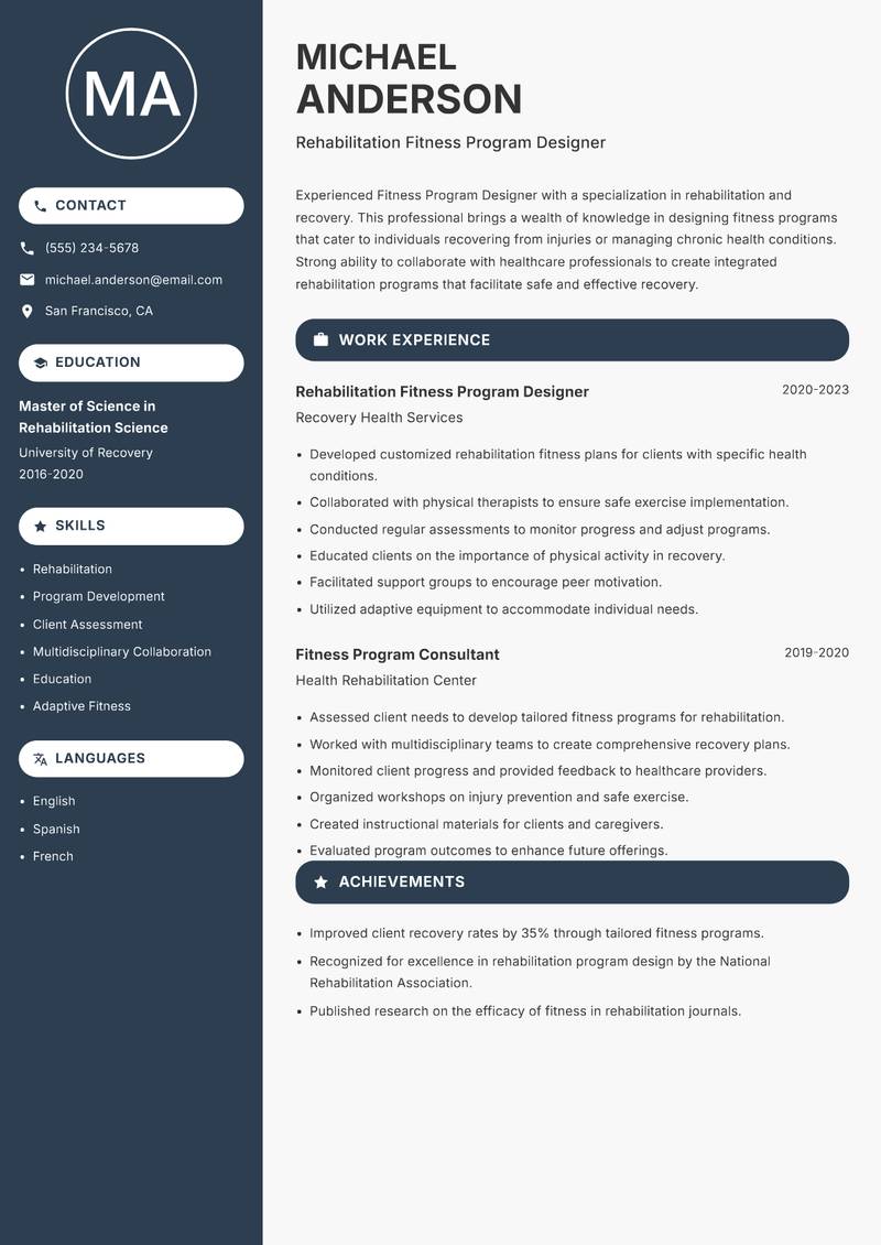 Fitness Program Designer Resume Preview Example