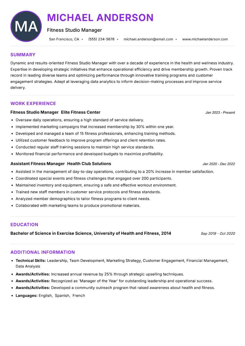 Fitness Studio Manager Resume Preview Example