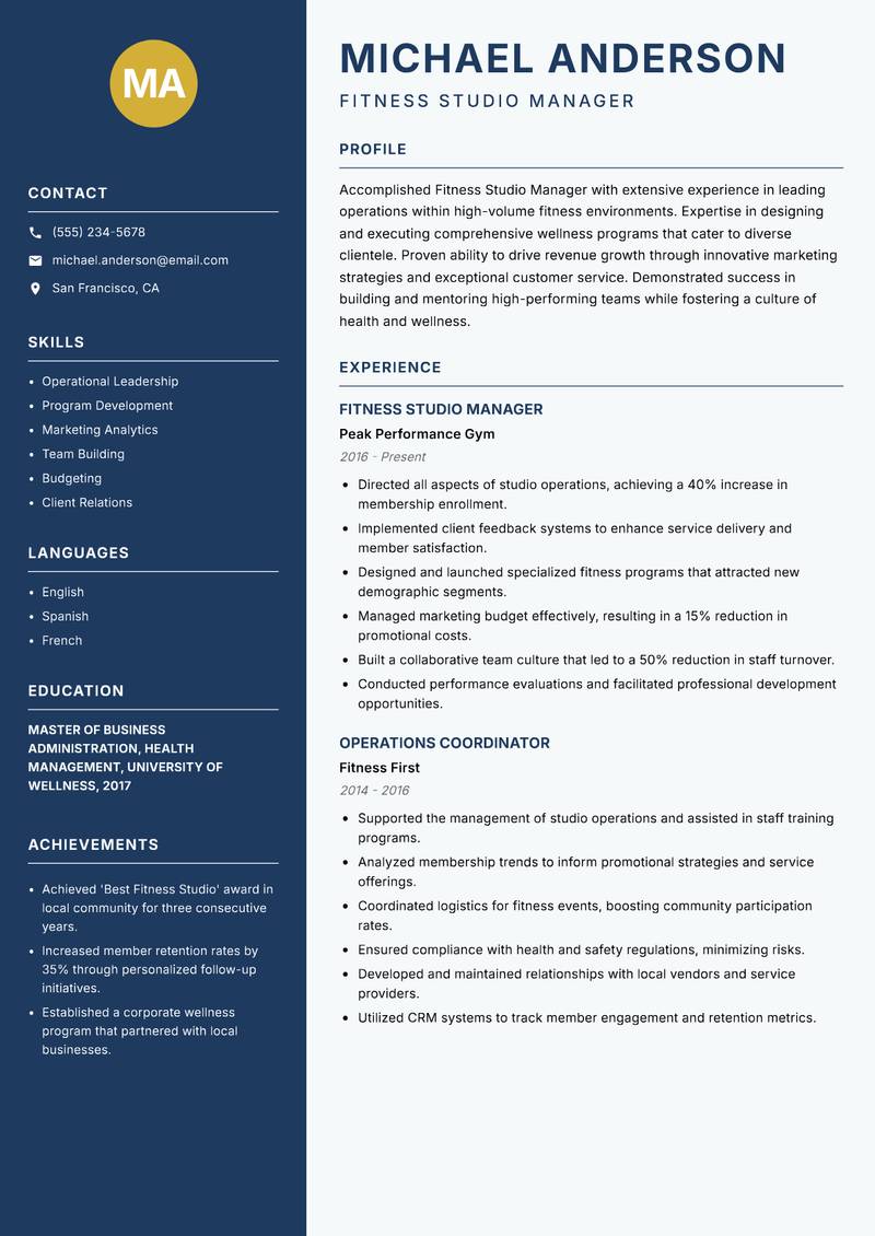 Fitness Studio Manager Resume Preview Example