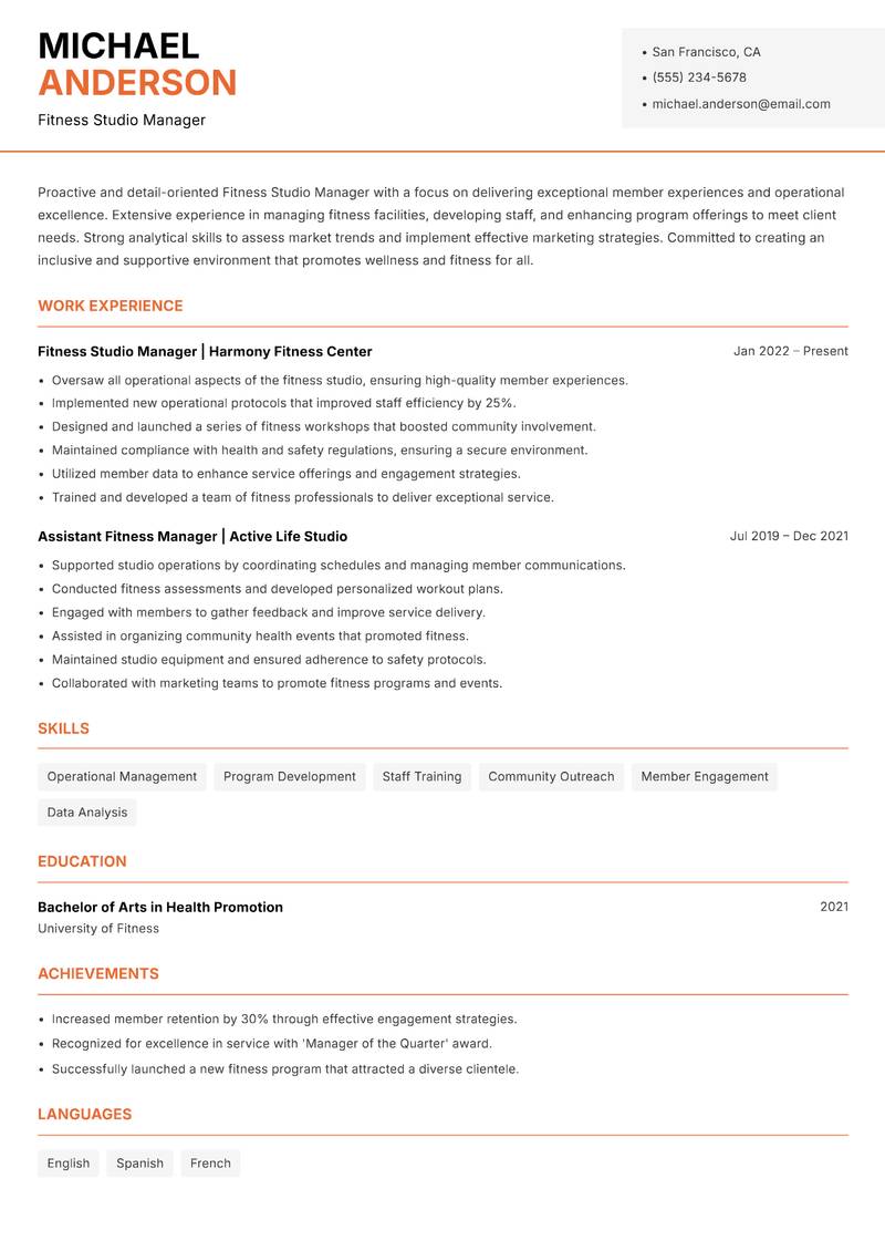 Fitness Studio Manager Resume Template