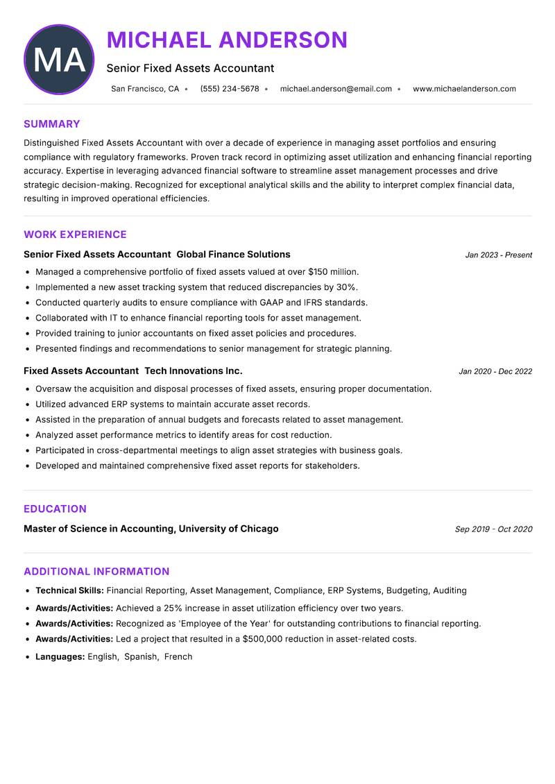 Fixed Assets Accountant Resume Preview Example