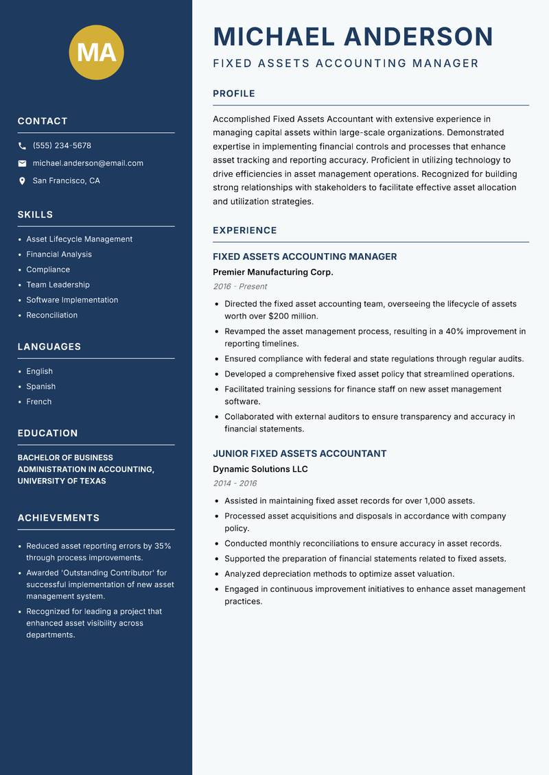 Fixed Assets Accountant Resume Preview Example