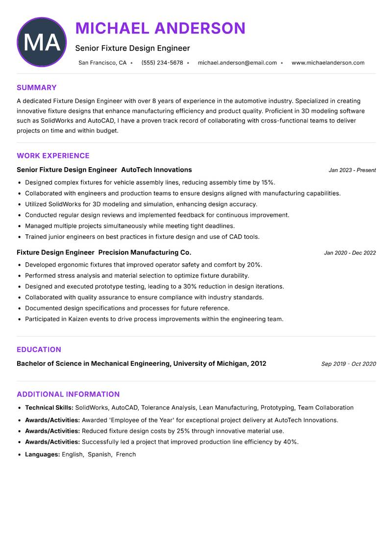 Fixture Design Engineer Resume Preview Example