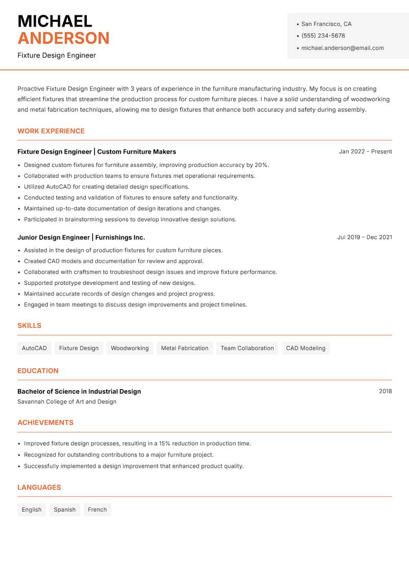Fixture Design Engineer Resume Template