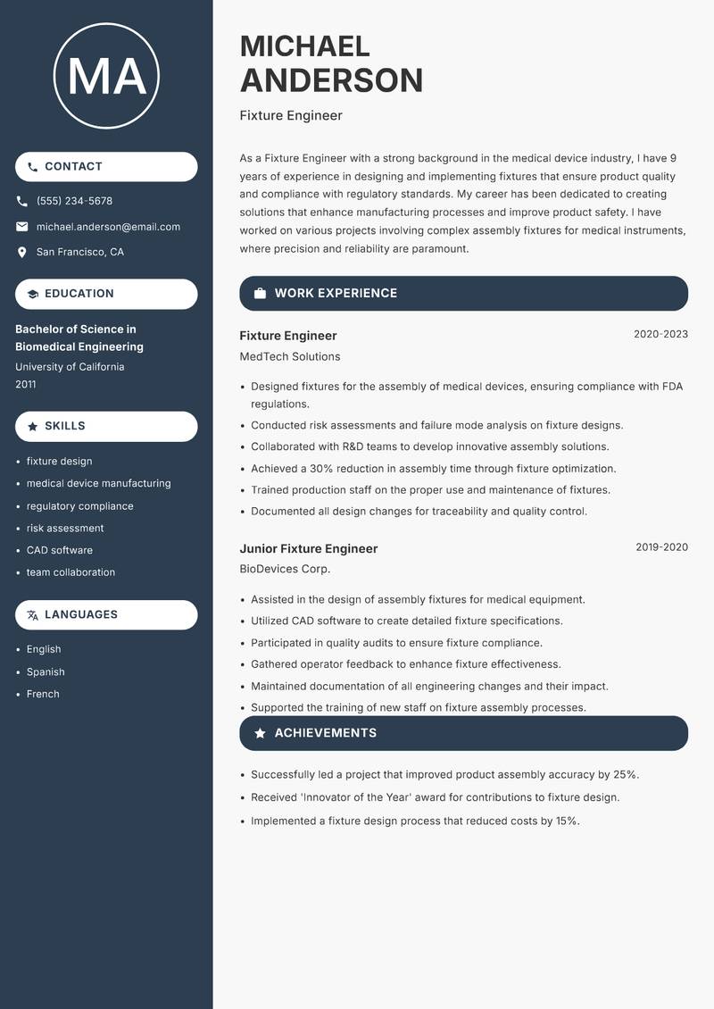 Fixture Engineer Resume Preview Example