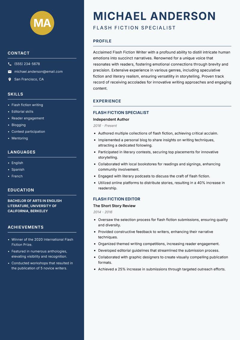Flash Fiction Writer Resume Preview Example