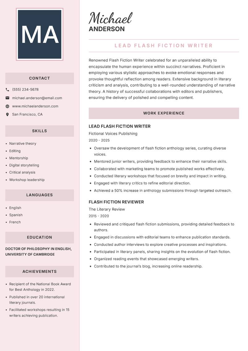 Flash Fiction Writer Resume Preview Example