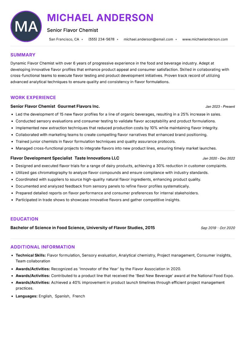 Flavor Chemist Resume Preview Example
