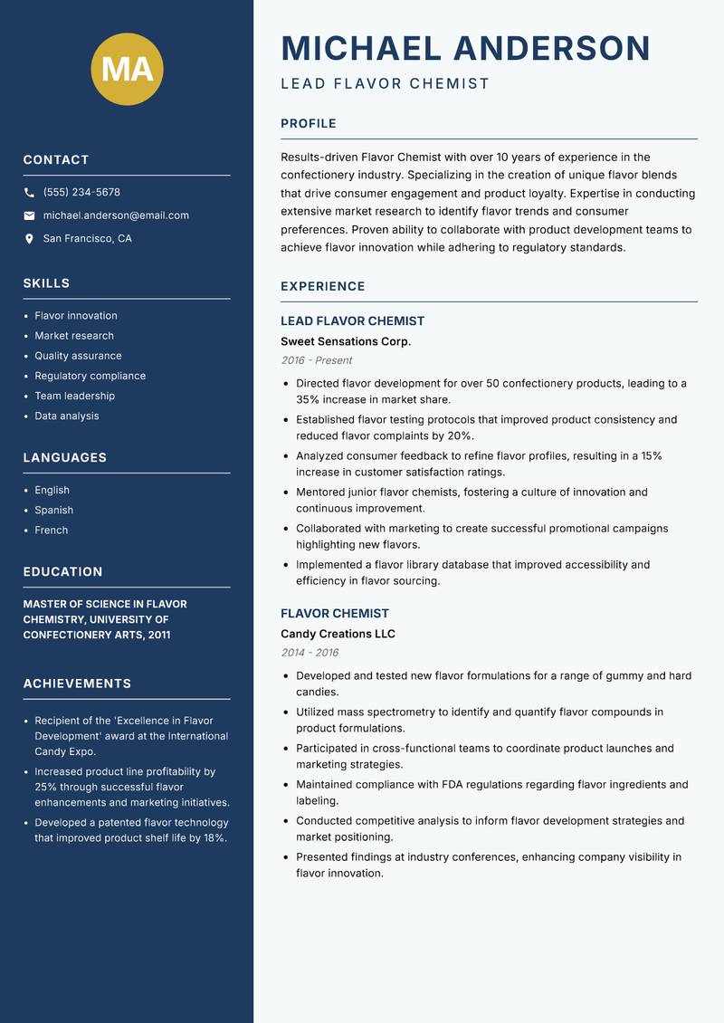 Flavor Chemist Resume Preview Example