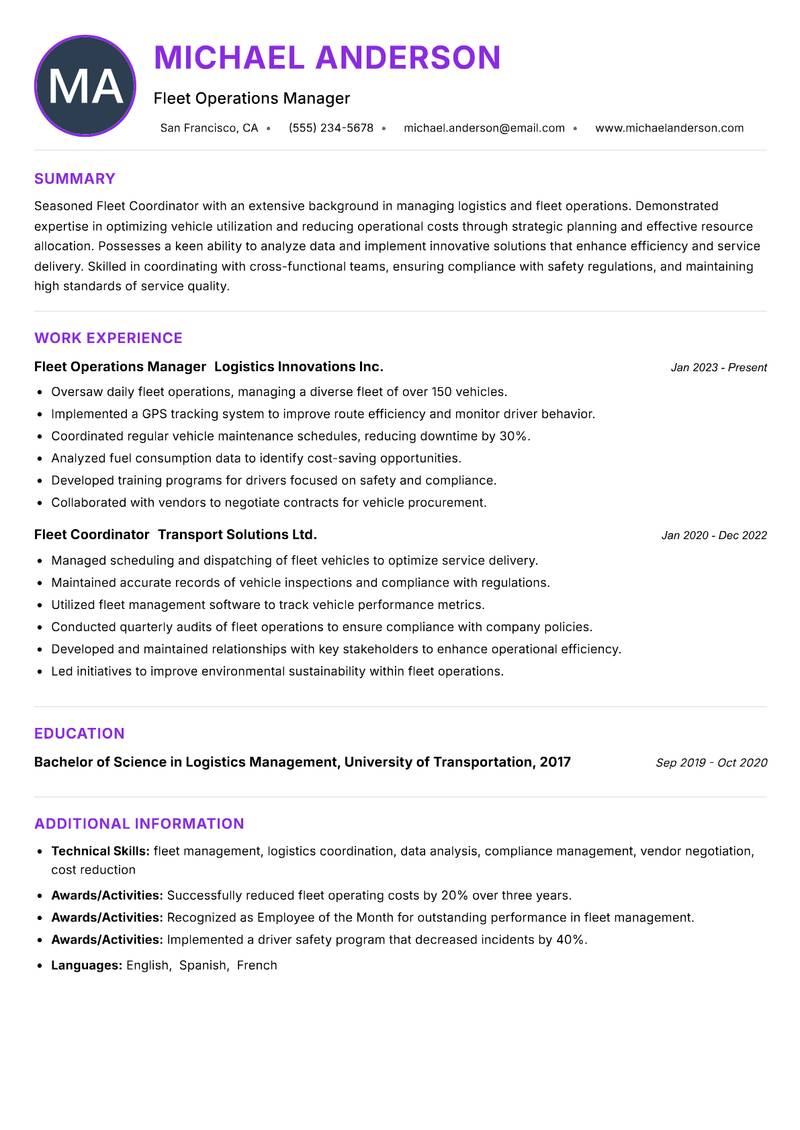Fleet Coordinator Resume Preview Example