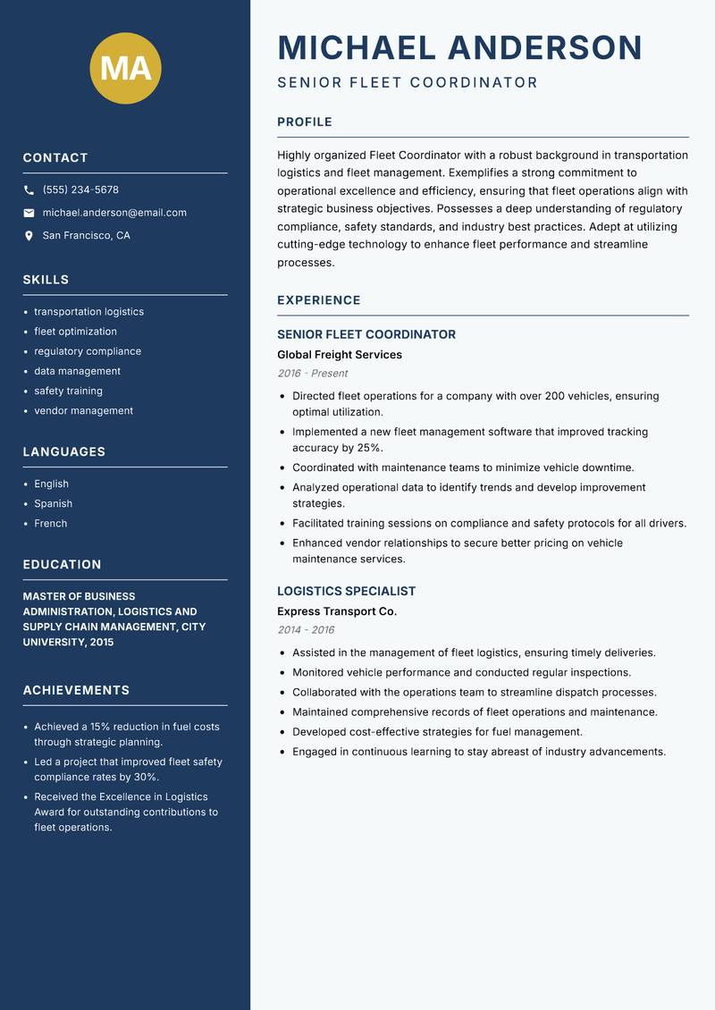 Fleet Coordinator Resume Preview Example