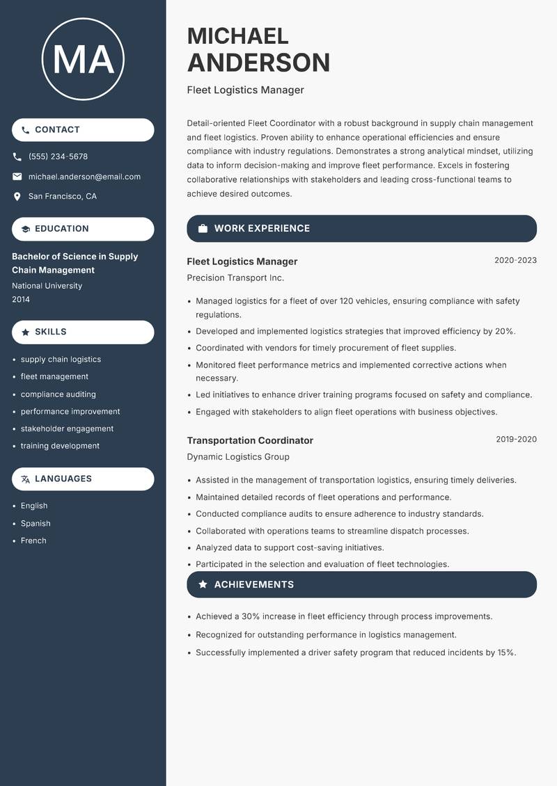 Fleet Coordinator Resume Preview Example
