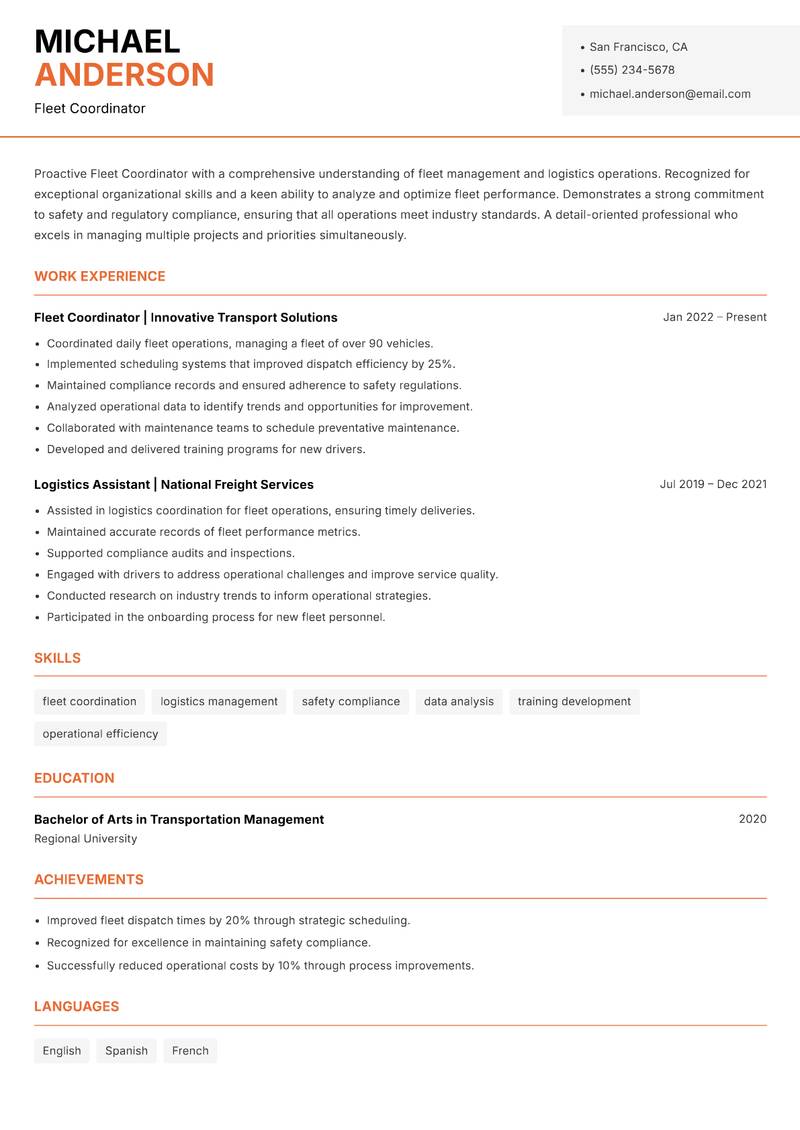 Fleet Coordinator Resume Template