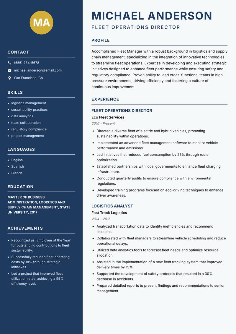 Fleet Manager Resume Preview Example