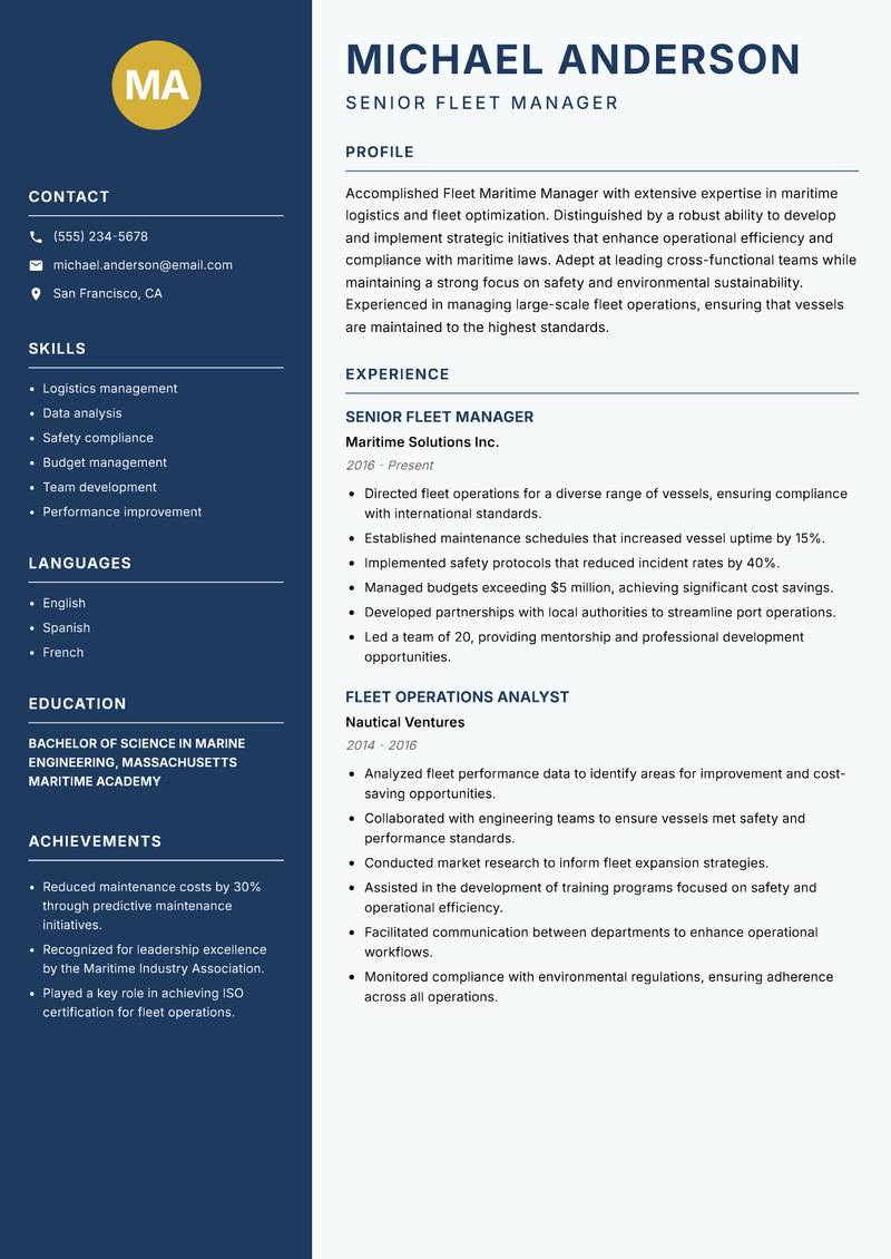 Fleet Maritime Manager Resume Preview Example