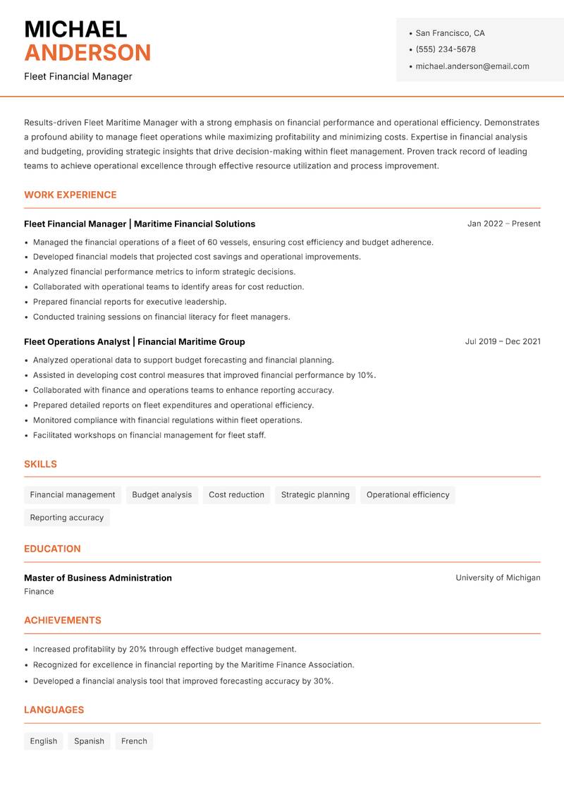 Fleet Maritime Manager Resume Template