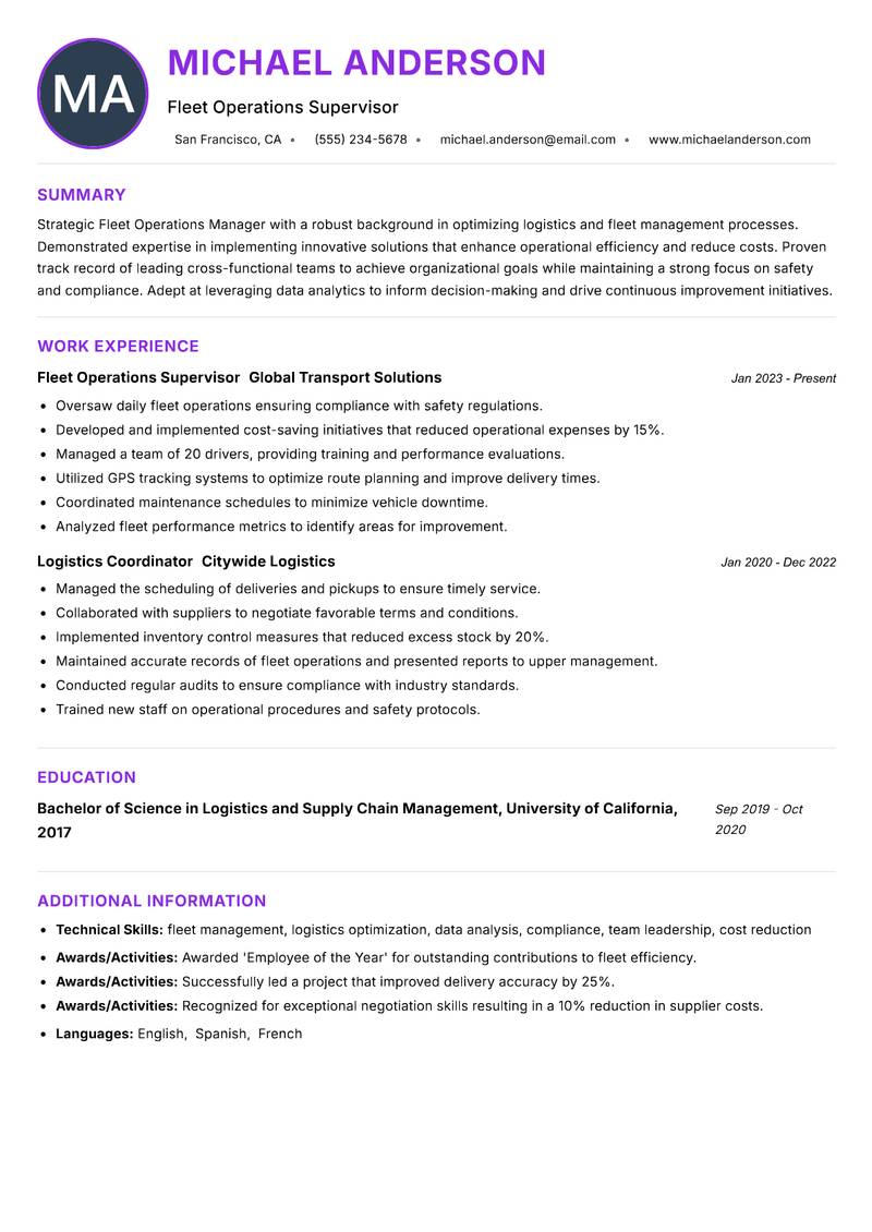 Fleet Operations Manager Resume Preview Example