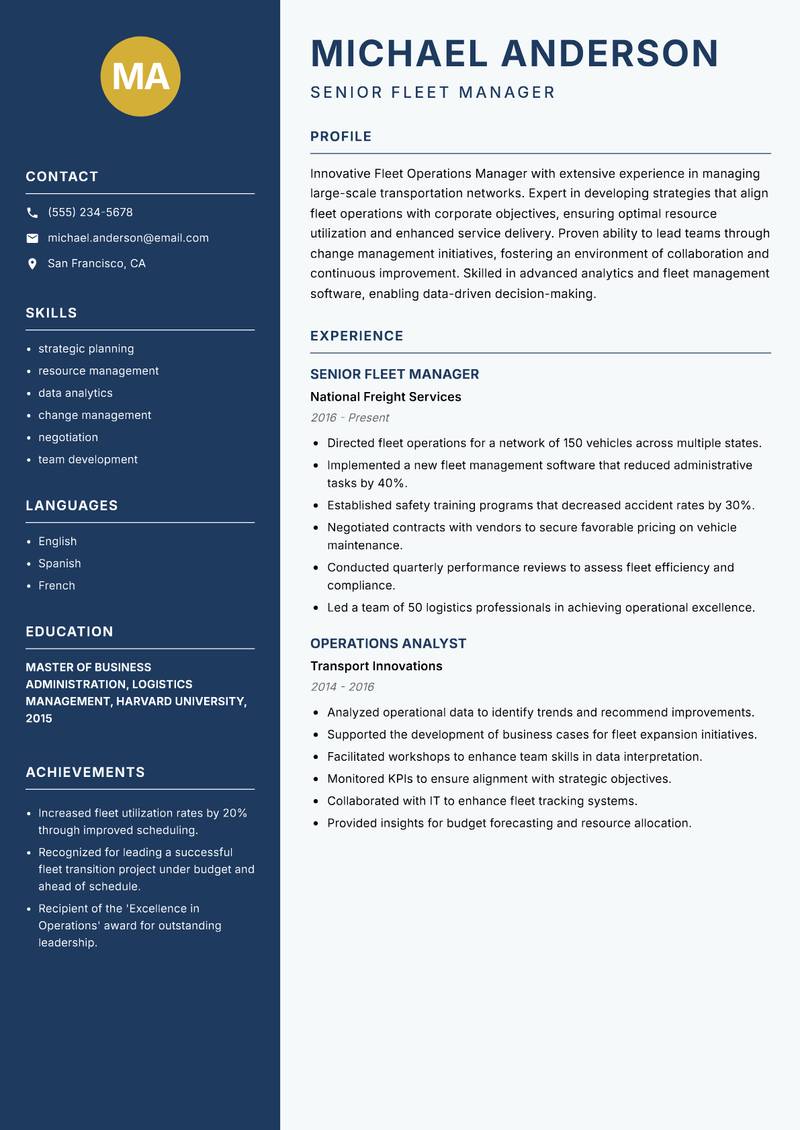 Fleet Operations Manager Resume Preview Example