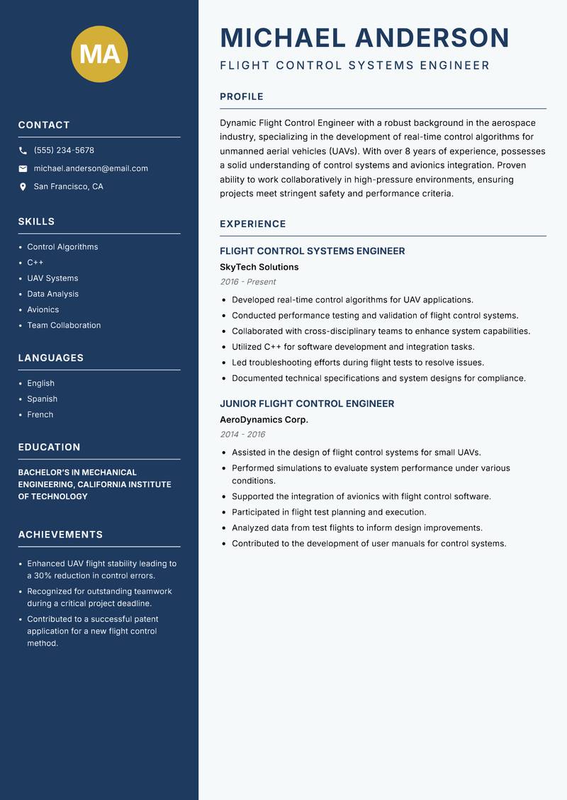 Flight Control Engineer Resume Preview Example