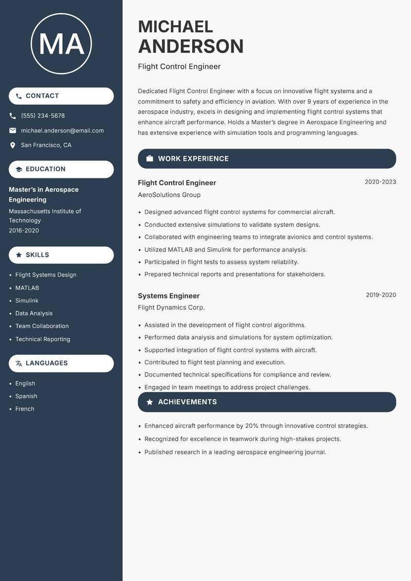 Flight Control Engineer Resume Preview Example