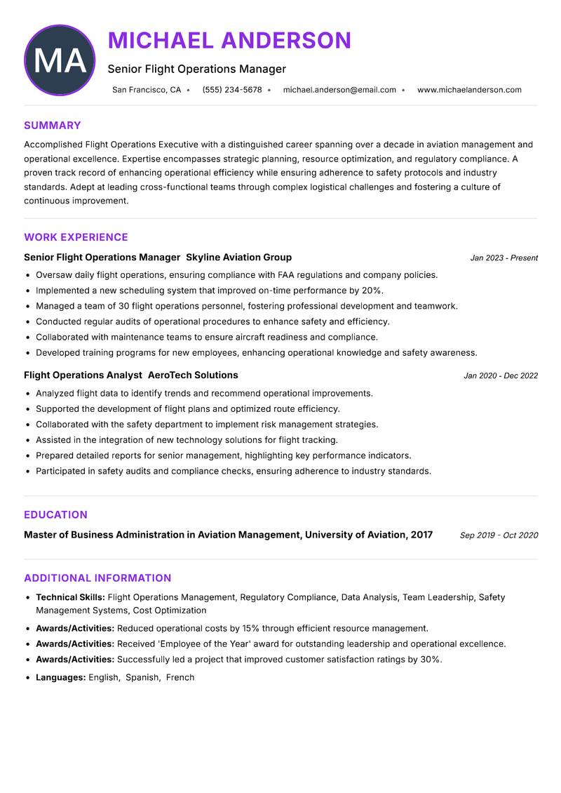 Flight Operations Executive Resume Preview Example
