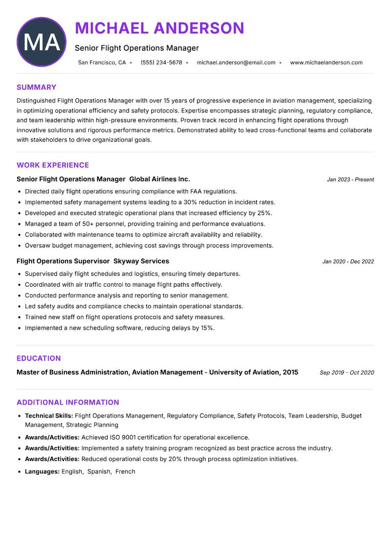 Flight Operations Manager Resume Preview Example