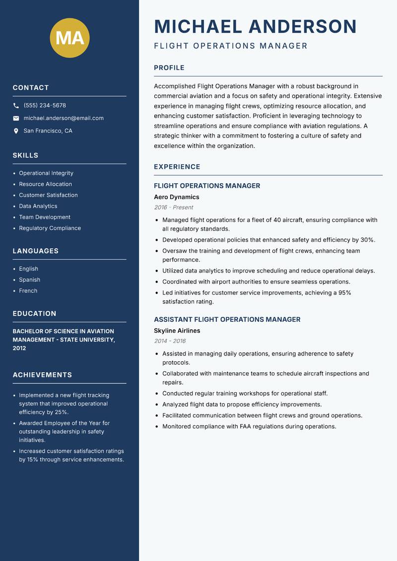 Flight Operations Manager Resume Preview Example
