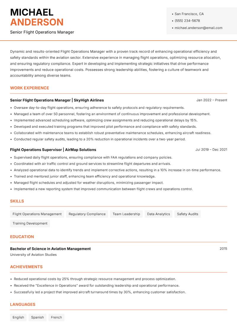 Flight Operations Manager Resume Template