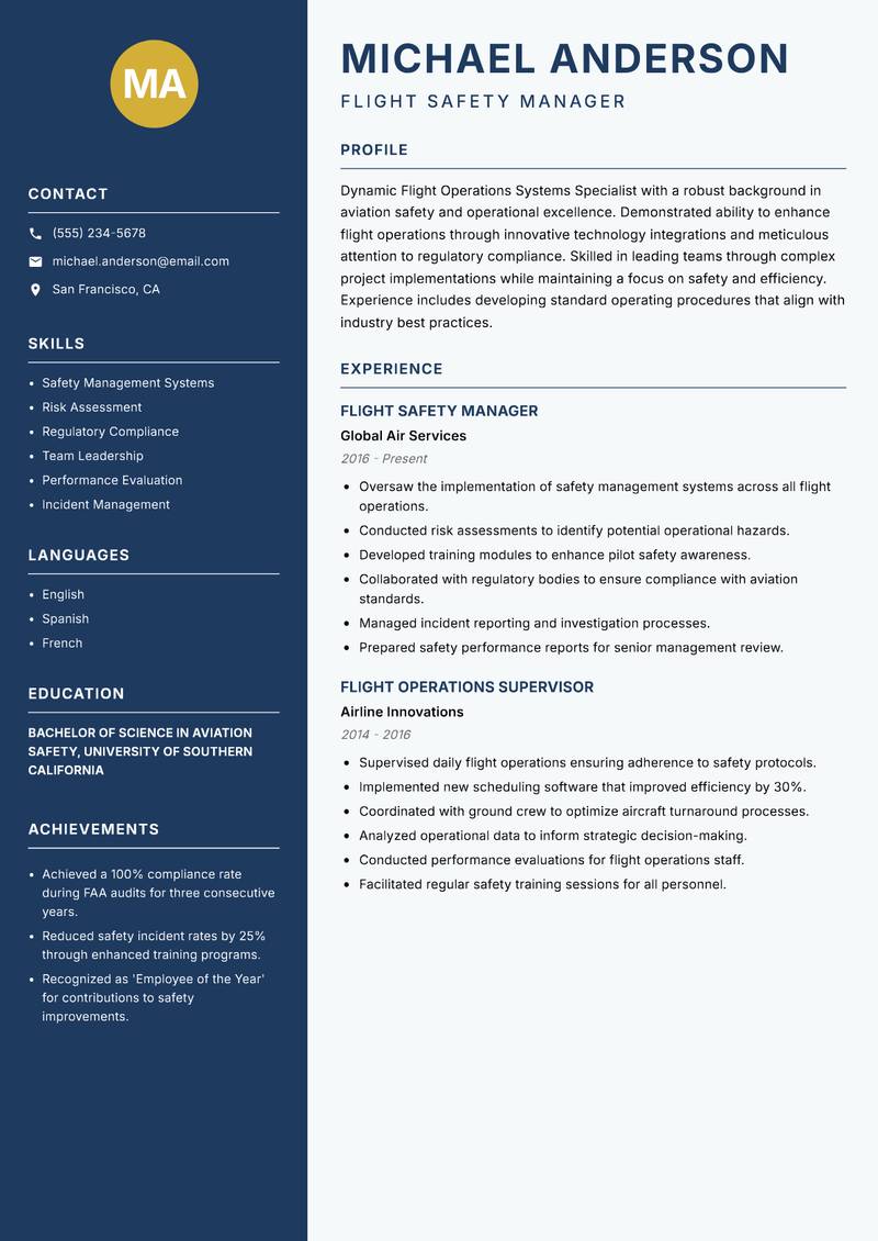 Flight Operations Systems Specialist Resume Preview Example