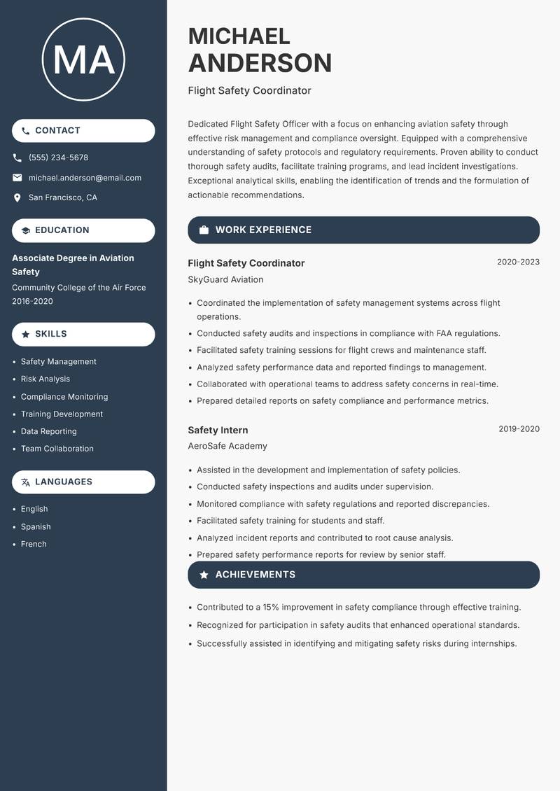 Flight Safety Officer Resume Preview Example